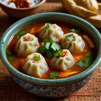 Jhol Momo - Steamed dumplings in spicy soup with fresh herbs and chutney