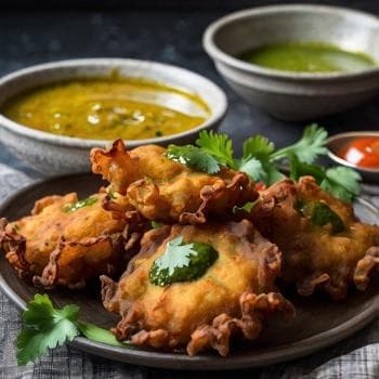 Vej Pakoda - Crispy fried vegetable fritters served with chutney