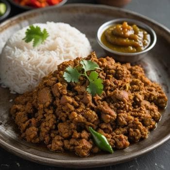 Bhutan Hukula - Spicy minced meat with rice and chutney