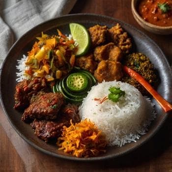 Hekula Khaja Set - Spiced buffalo meat with rice, fried vegetables, and achar