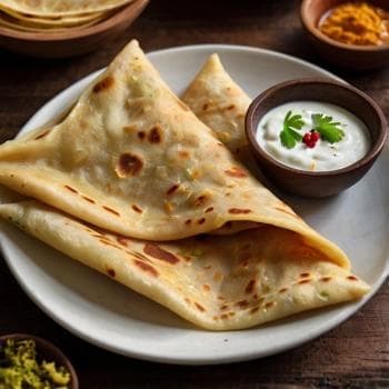 Aalu Paratha - Stuffed flatbread with spiced potatoes, served with yogurt and pickle