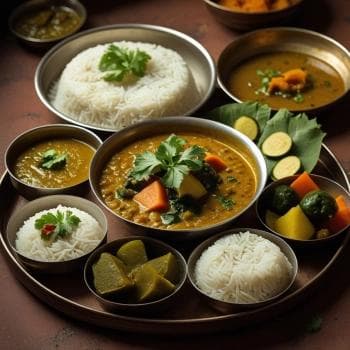 Traditional Nepali meal with dal, rice, curry, and pickle