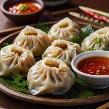 Steam Momo - Traditional steamed momo with spicy dipping sauce